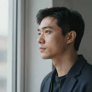 A portrait of a man looking out a window with a thoughtful, centered expression. Minimalist and premium mood, soft shadows and clear light.