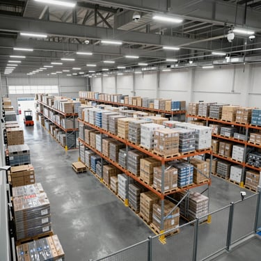 Spacious warehouse interior with organized shelves and pallets ready for distribution.