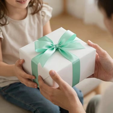 Close up of a father hands gifting a beautifully wrapped box with a mint green ribbon to his young daughter, warm lighting.