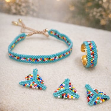 Set de pulsera con collar y anillo color azul turquesa