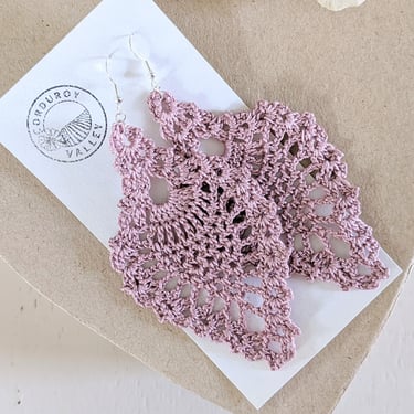 Soft rose mauve crocheted lace teardrop dangle earring handmade of cotton