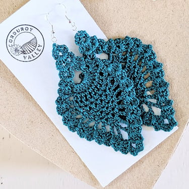 Dark turquoise lush green crocheted lace teardrop dangle earring handmade of cotton