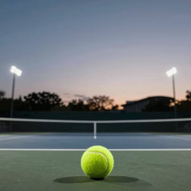 A close-up of a premium yellow tennis ball resting on a sleek, dark hard court surface under stadium lights. High-performance feel.
