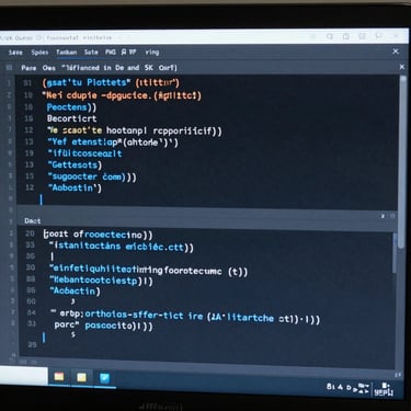 Close-up of a high-resolution software interface showing active computational pipelines, clean code blocks in electric blue on a dark slate screen, sharp focus, natural laboratory lighting.
