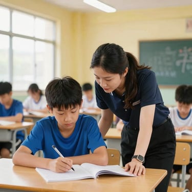 A mentor helping a young athlete with homework in a bright classroom at a sports community center, warm indoor lighting
