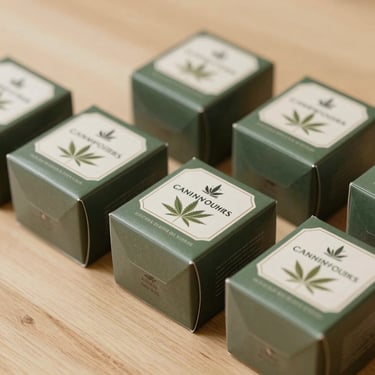 Neatly arranged, professionally sealed boxes of artisanal cannabis edibles on a clean wooden surface.