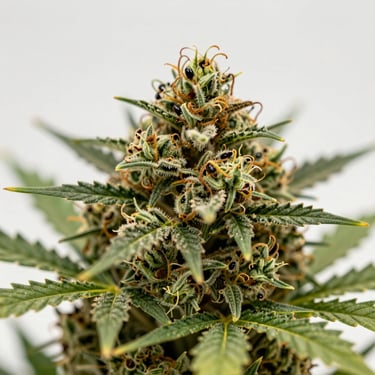 A macro shot of premium green cannabis flower showcasing detailed trichomes under bright, soft studio lighting.