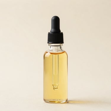 A clean, minimalist glass dropper bottle containing golden cannabis oil, set against a neutral warm cream background.