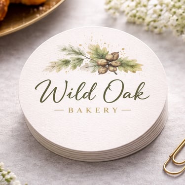 Round business card with centered logo printed on textured white paper