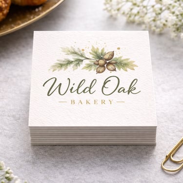 Square business card stack with botanical logo and gold accent graphic