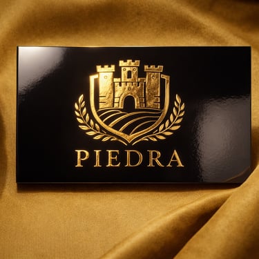 Black business card with raised gold foil logo reflecting light