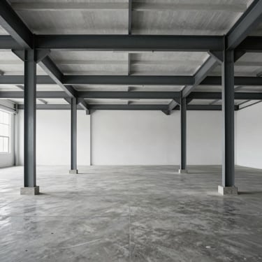 Symmetrical shot of a massive, empty commercial warehouse interior with concrete floors, featuring crisp, newly painted dark grey steel support columns and white walls under bright daylight.