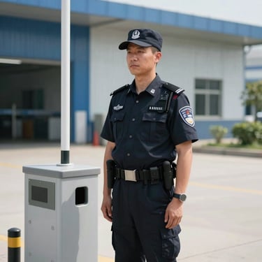 Medium shot of a disciplined security officer in clean navy uniform standing post at a modern industrial access control point, bright daylight.