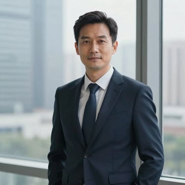 Portrait of a male executive standing by a window with a city view, embodying leadership and calm confidence. Lighting is soft and professional, palette includes #1A2E2F.