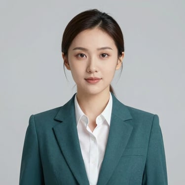 Professional portrait of a woman in business attire, looking confident and serene, against a neutral studio background with soft lighting, incorporating brand colors #3D6B6A in her accessories.