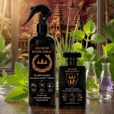 alt="Angkor plant-based sprays displayed alongside natural herbal ingredients"