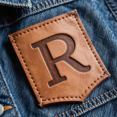 Close-up of a laser engraved leather patch on a denim jacket, showing precise dark branding burned into the tan leather.