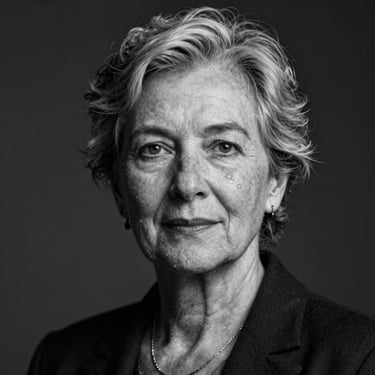 High-contrast black-and-white portrait of a senior female cloud architect in deep focus, moody directional lighting, dark background