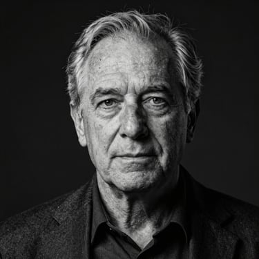 High-contrast black-and-white portrait of a senior male systems engineer in deep focus, low-key studio lighting, dark background
