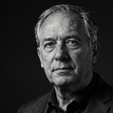 High-contrast black-and-white portrait of a senior cybersecurity engineer in deep focus, sharp shadows, low-key lighting, dark background