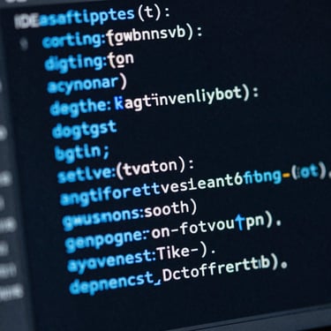 Macro shot of a dark IDE screen displaying clean Python and SQL code blocks, glowing neon-blue syntax highlighting, shallow depth of field.