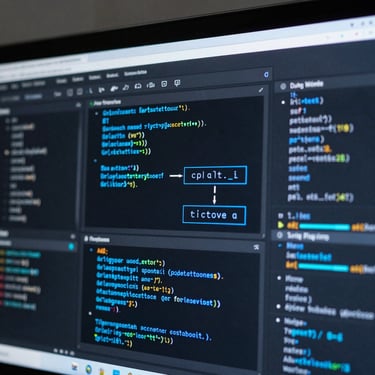 Macro shot of a high-fidelity dark-mode IDE screen displaying complex Python data pipelines, neon-blue syntax highlighting, soft cool backlighting, clean geometric layout.