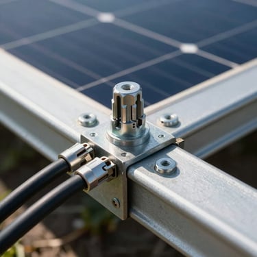 Extreme macro technical detail of heavy-duty steel mounting hardware and thick high-voltage cabling secured to a ground-mount solar rack, direct harsh sunlight.
