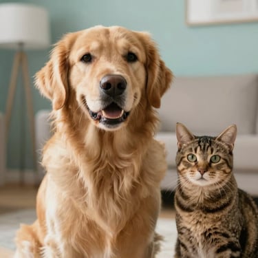 eye-level warm editorial photography of a healthy golden retriever and a tabby cat sitting together in a sunlit modern living room, soft natural daylight, muted teal and beige tones, shallow depth of field, 35mm