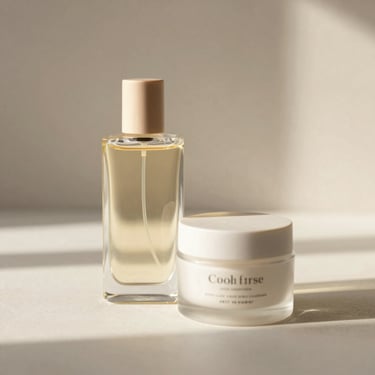 A luxurious perfume bottle and hydrating cream on a neutral background, soft shadows, warm tones
