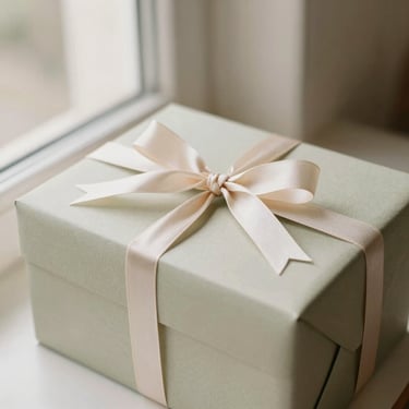 Beautifully packaged gift box tied with a delicate ribbon, minimalist and warm aesthetic