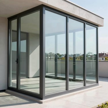 Modern minimalist terrace glazing with aluminum frame, sharp glass reflections, natural daylight