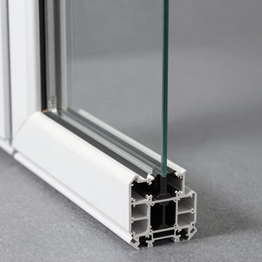 Technical drawing of PVC window profile cross-section, precise lines, slate gray background, sharp macro shot