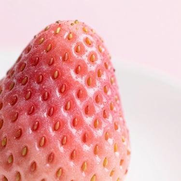 Close-up of a bright pink strawberry paleta showing rich texture and seeds, soft daylight, pastel background