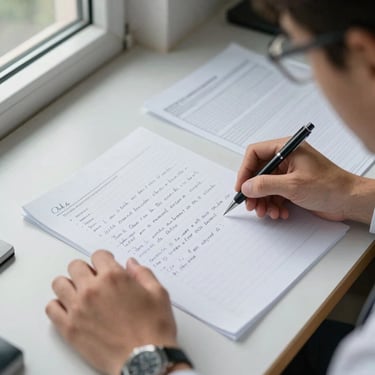 Overhead close-up of a researcher's desk during a live debrief session — handwritten notes, printed data sheets, a pen mid-movement, natural window light from the left, editorial documentary framing, no faces visible