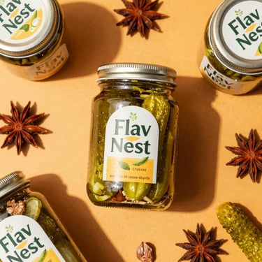 Vibrant overhead tablescape with open jars of Flav Nest pickles surrounded by fresh Himalayan spices.