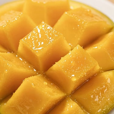 Macro shot of glistening mango chunks from Mango Burst pickle, rich saturated warm tones, bright daylight.