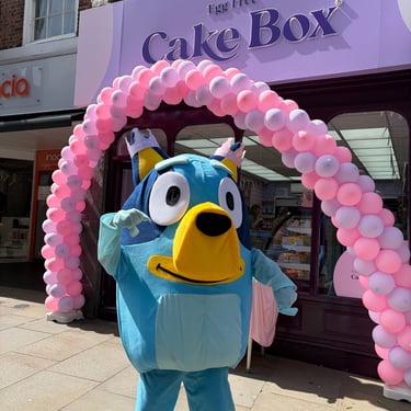 opening day for the cake box in shresbusy with our mascot 
