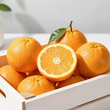 Perfect fresh Valencia oranges with bright textured skins, sliced clean, presented in a minimalist export crate under bright natural light