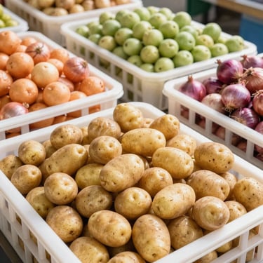 Clean, washed export-grade Egyptian potatoes and red onions in a structured packing facility, bright daylight