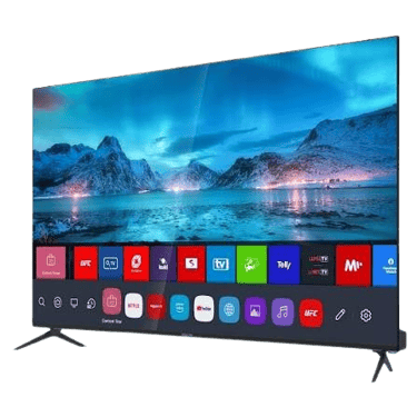 Modern 4K smart TV displaying a vibrant landscape and streaming app icons on its home screen.