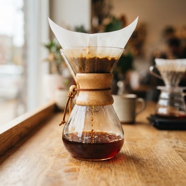Bright editorial food photography, natural window light, close-up of specialty coffee dripping through a glass Chemex filter on a wooden counter, warm vibrant tones, shallow depth of field.