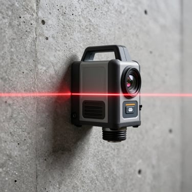 Close-up of a laser level emitting a sharp red line across a fresh concrete wall, technical and precise framing.