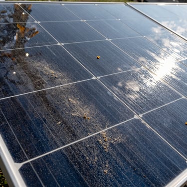 Split close-up of photovoltaic solar panel surface: left half with thick dust and pollen film dulling the glass, right half after demineralized water wash showing mirror-clear glass reflecting sky, natural sunlight