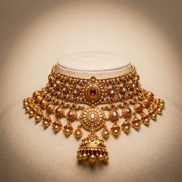 Macro portrait of a traditional Indian bride wearing a heavy gold choker and matching jhumkas, soft spotlight catching the gold details, warm cream background