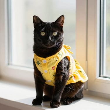Gata negra luciendo su vestido floral cute
