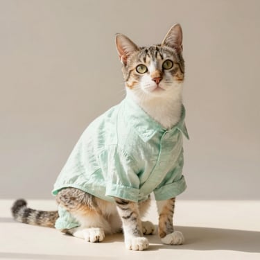 Gato color tigre con una camisa guayabera azul claro con botones y cuello para el calor