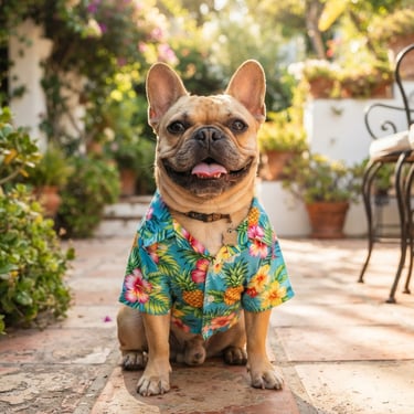 Camisa hawaiana o de playa en perro bulldog francés café claro