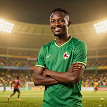 Portrait of a Ugandan sports technology founder, smiling confidently, sharp high-key studio lighting, warm gold tones.