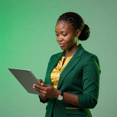 Portrait of a Ugandan female database engineer, professional and focused, clean studio background, green accent lighting.