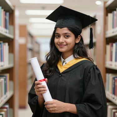 Photo of a cheerful Indian male student, aged 25-30, holding books with a city skyline behind him